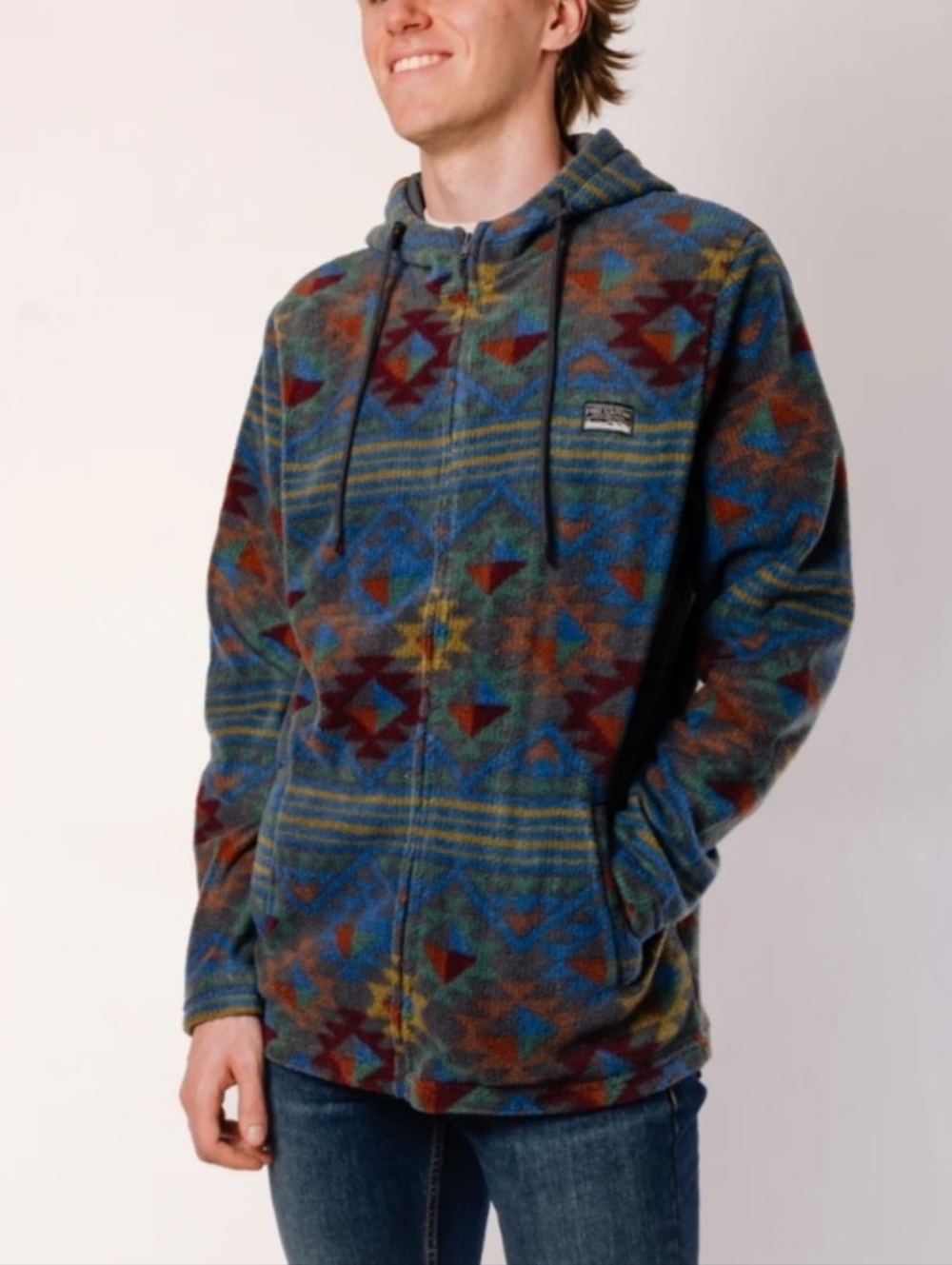 Free Nature soft fleece hooded jacket with geometric Navajo-inspired pattern